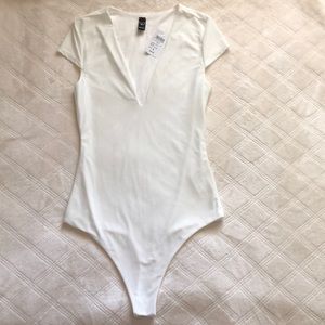White basic V neck bodysuit